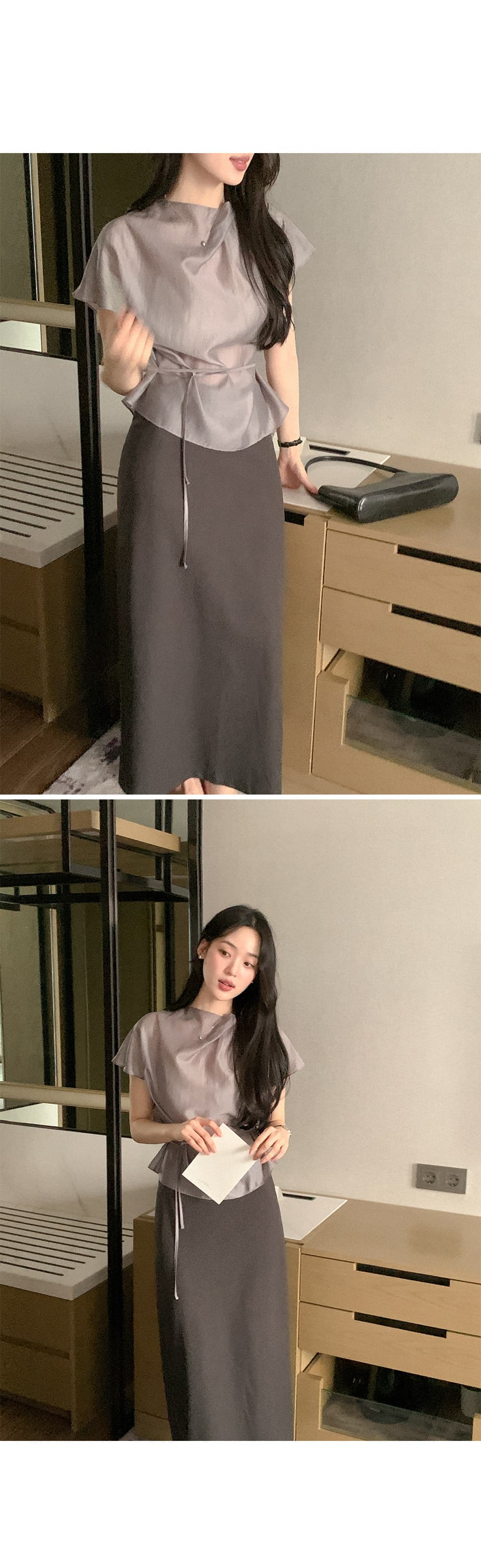 한 부서 품격 마이크로 ~을 통해 허리 레이스업 반팔 셔츠 상세 이미지 4