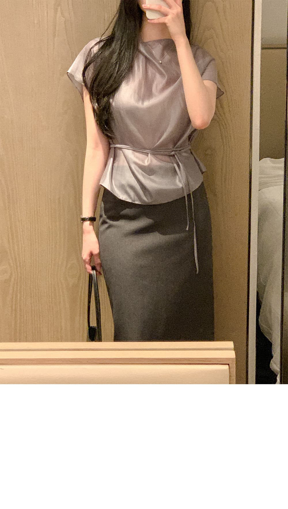 한 부서 품격 마이크로 ~을 통해 허리 레이스업 반팔 셔츠 상세 이미지 7