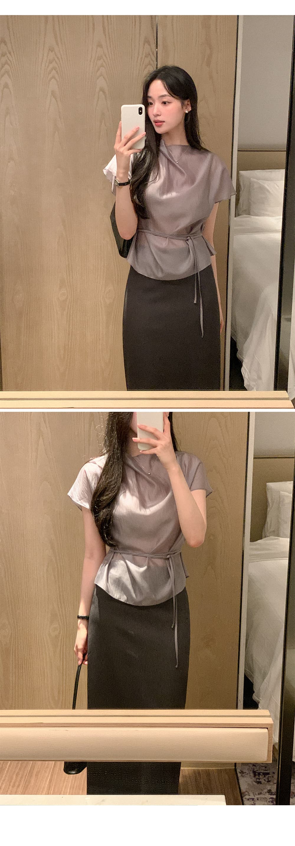 한 부서 품격 마이크로 ~을 통해 허리 레이스업 반팔 셔츠 상세 이미지 8