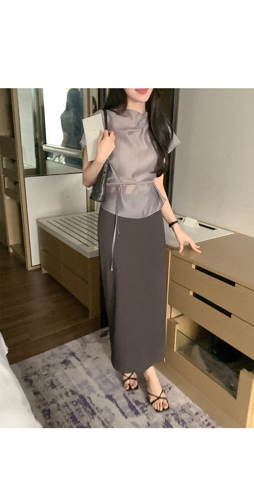 한 부서 품격 마이크로 ~을 통해 허리 레이스업 반팔 셔츠 상세 이미지 9