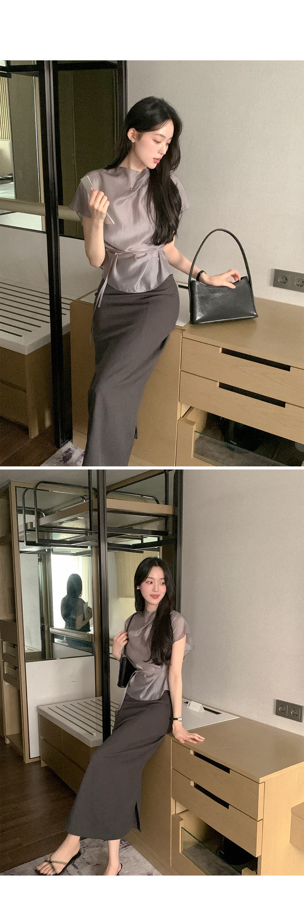 한 부서 품격 마이크로 ~을 통해 허리 레이스업 반팔 셔츠 상세 이미지 10