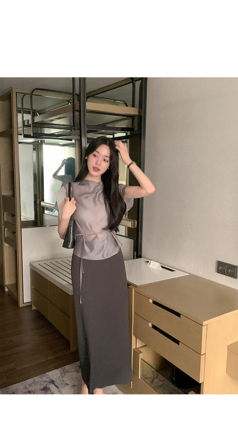 한 부서 품격 마이크로 ~을 통해 허리 레이스업 반팔 셔츠 상세 이미지 11