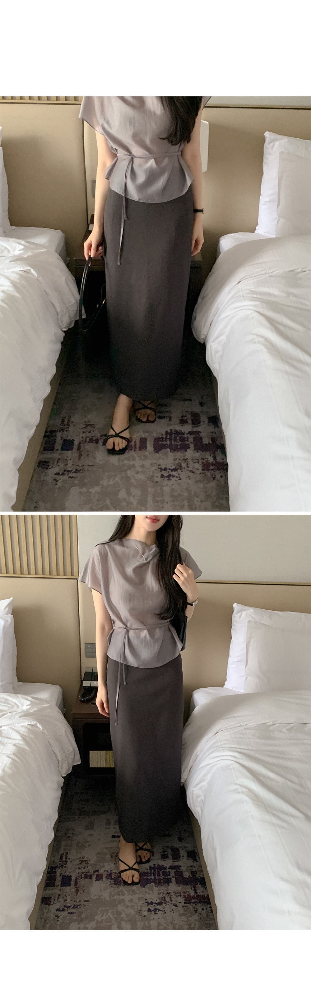 한 부서 품격 마이크로 ~을 통해 허리 레이스업 반팔 셔츠 상세 이미지 12