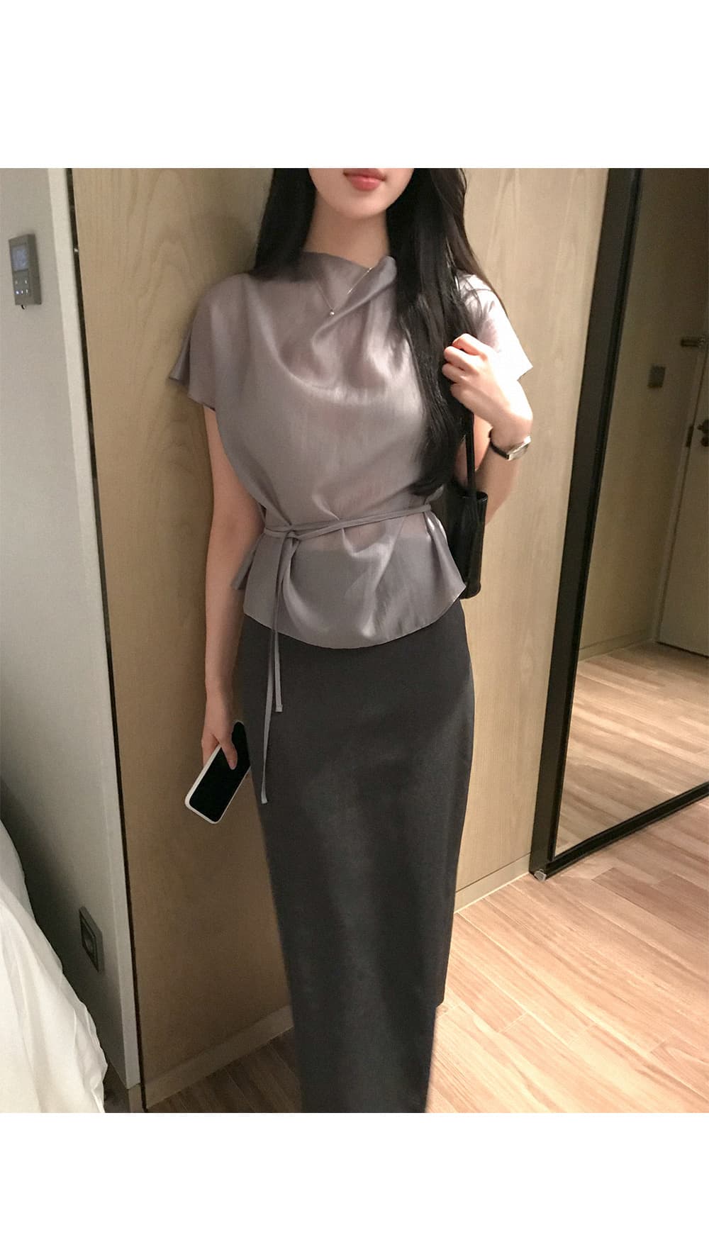 한 부서 품격 마이크로 ~을 통해 허리 레이스업 반팔 셔츠 상세 이미지 13
