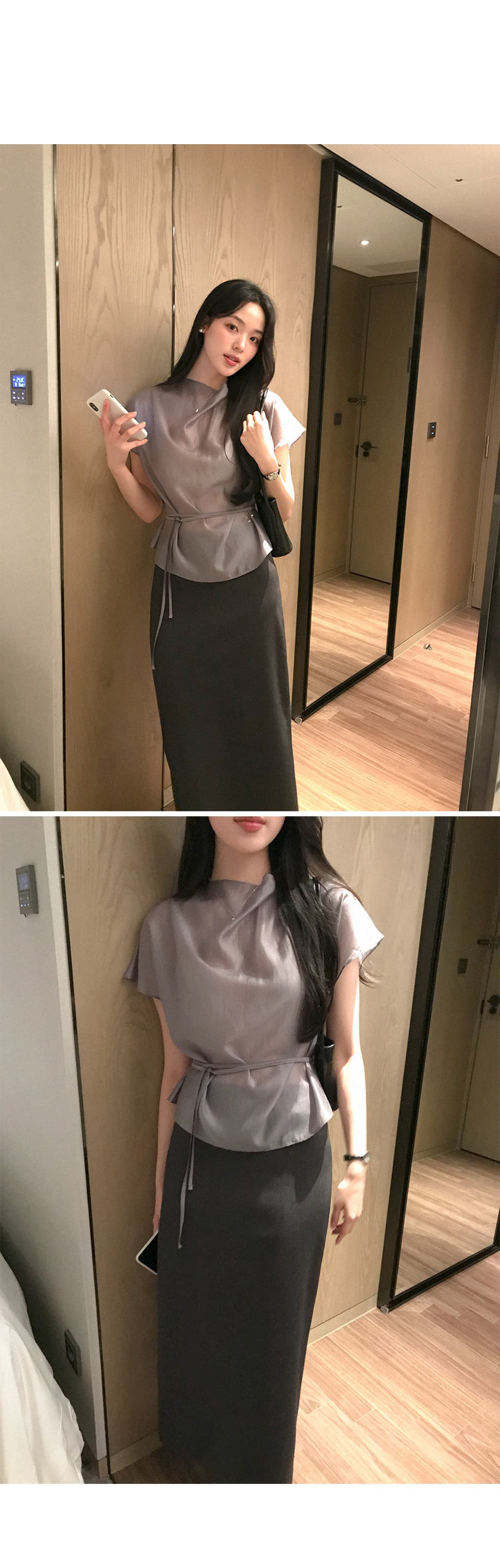 한 부서 품격 마이크로 ~을 통해 허리 레이스업 반팔 셔츠 상세 이미지 14