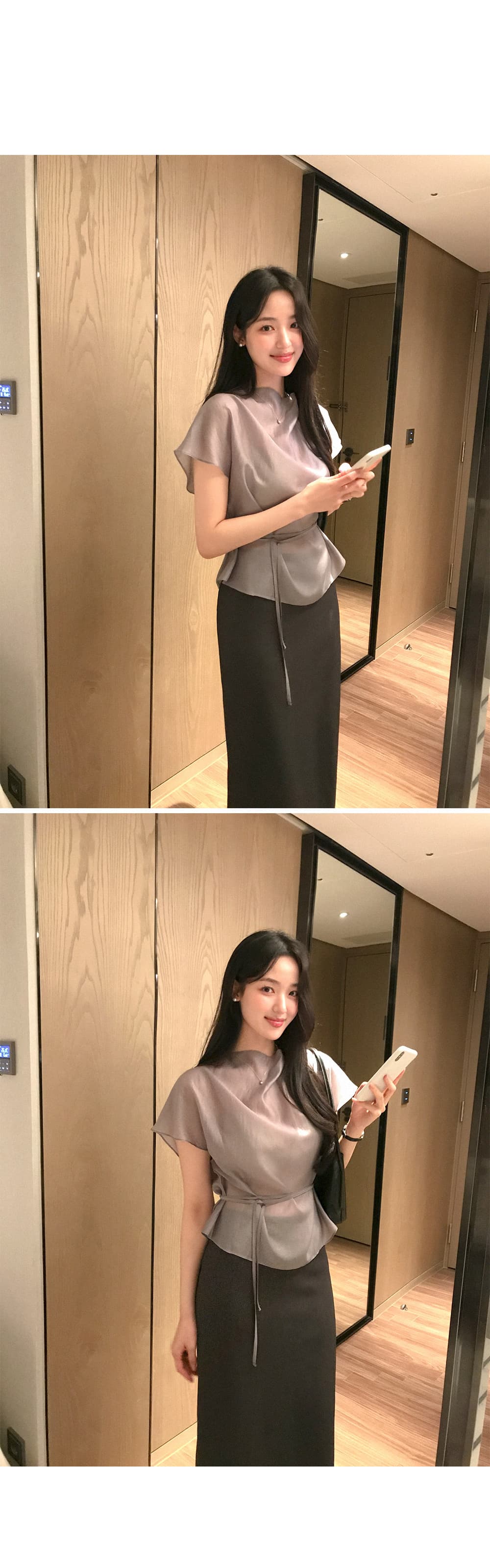 한 부서 품격 마이크로 ~을 통해 허리 레이스업 반팔 셔츠 상세 이미지 15
