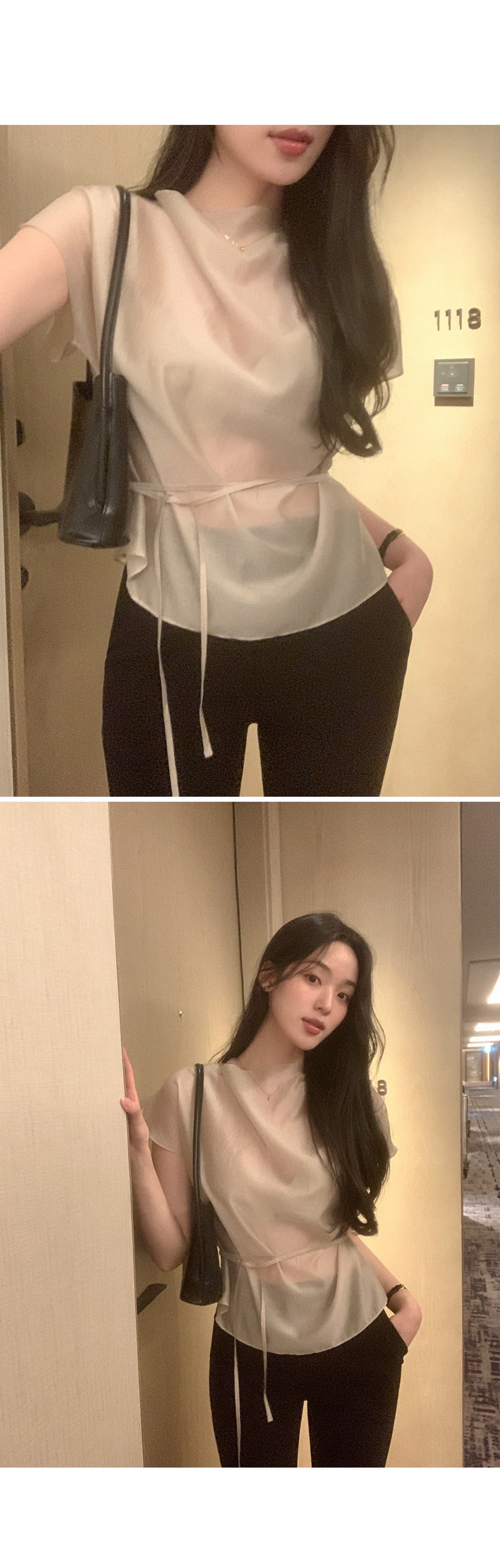 한 부서 품격 마이크로 ~을 통해 허리 레이스업 반팔 셔츠 상세 이미지 19
