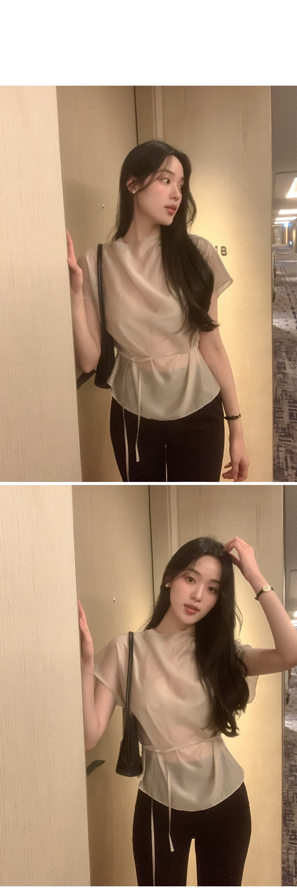 한 부서 품격 마이크로 ~을 통해 허리 레이스업 반팔 셔츠 상세 이미지 21