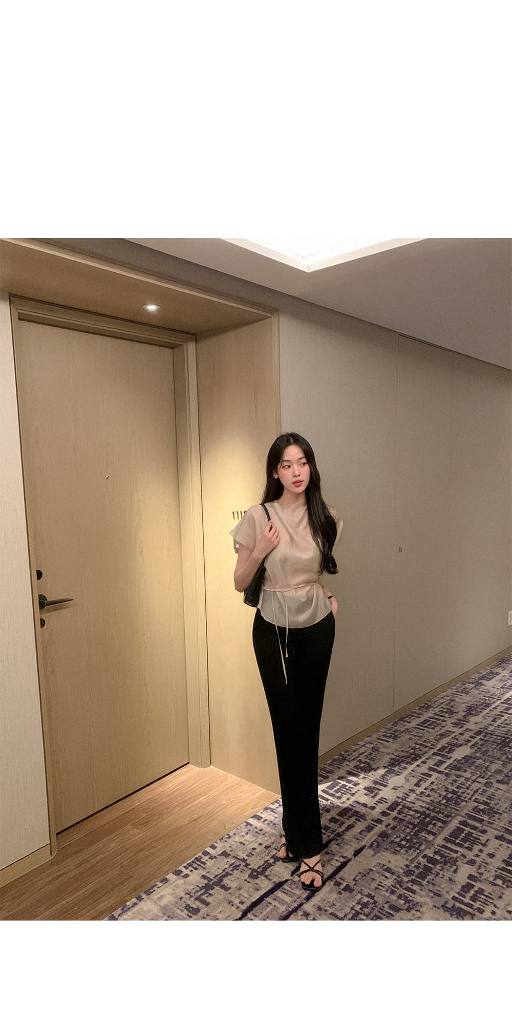 한 부서 품격 마이크로 ~을 통해 허리 레이스업 반팔 셔츠 상세 이미지 22