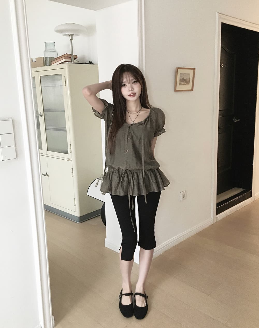 프랑스식 고급 센스 오프숄더 프릴 여성 셔츠 섹시함 허리 수축 레이스업 반팔 맨위 상세 이미지 14