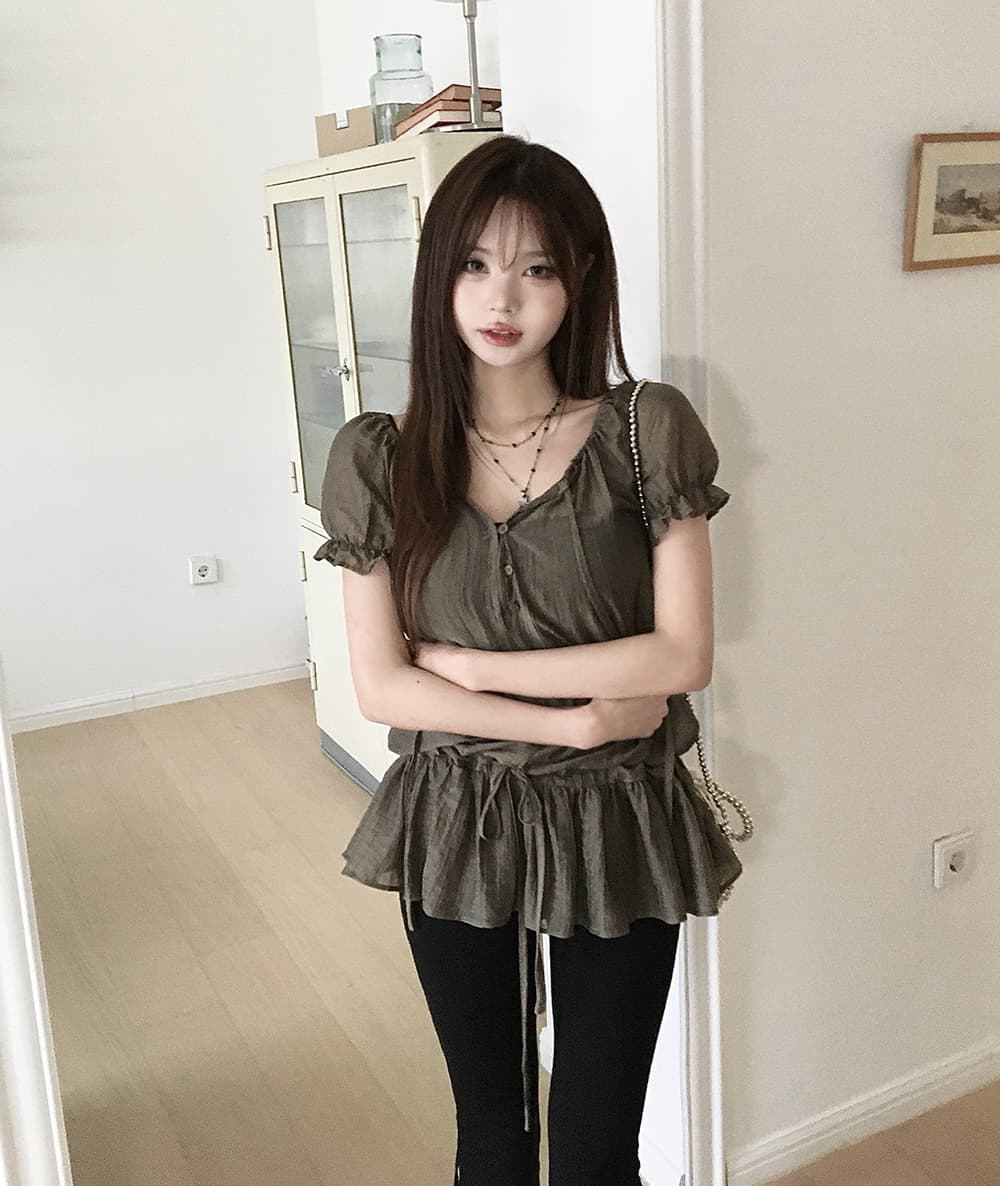 프랑스식 고급 센스 오프숄더 프릴 여성 셔츠 섹시함 허리 수축 레이스업 반팔 맨위 상세 이미지 16