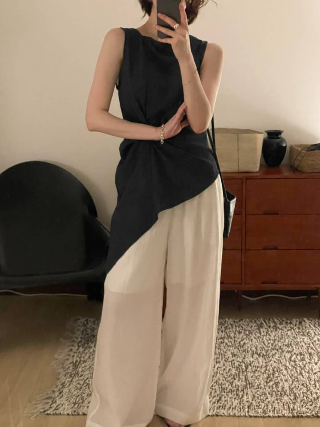 있음 선적 불규칙 뒤집다 접기 민소매 작은 셔츠 상세 이미지 7