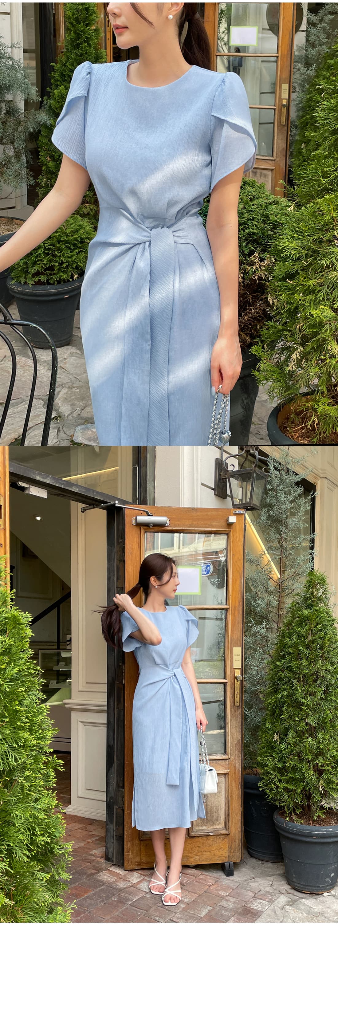 질감 센스 라운드 넥 연꽃 잎 소매 드레스 품격 다용도 출퇴근 레이스업 허리 수축 슬림해 보이는 롱 스커트 상세 이미지 2