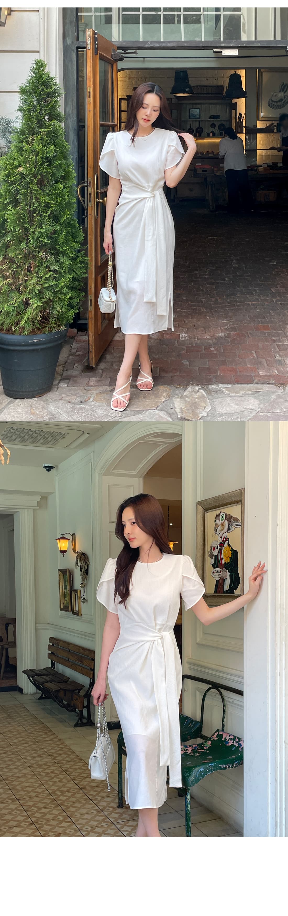 질감 센스 라운드 넥 연꽃 잎 소매 드레스 품격 다용도 출퇴근 레이스업 허리 수축 슬림해 보이는 롱 스커트 상세 이미지 12