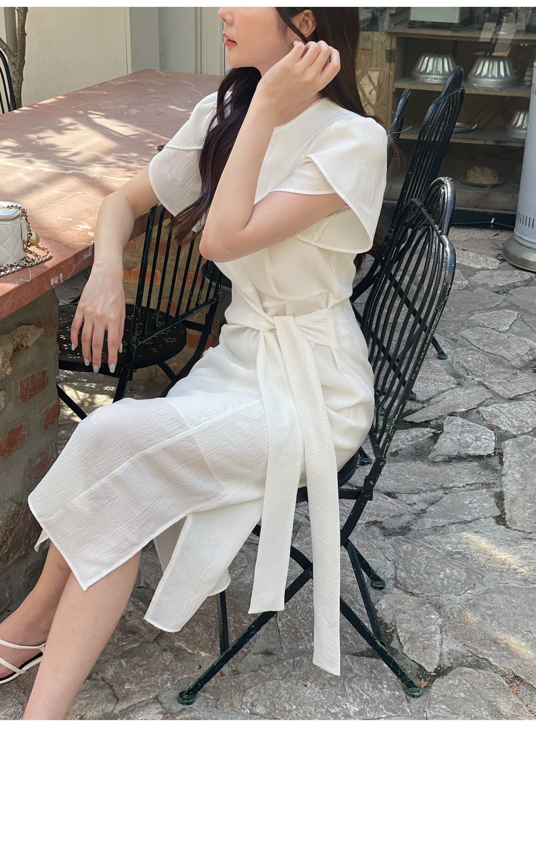 질감 센스 라운드 넥 연꽃 잎 소매 드레스 품격 다용도 출퇴근 레이스업 허리 수축 슬림해 보이는 롱 스커트 상세 이미지 18