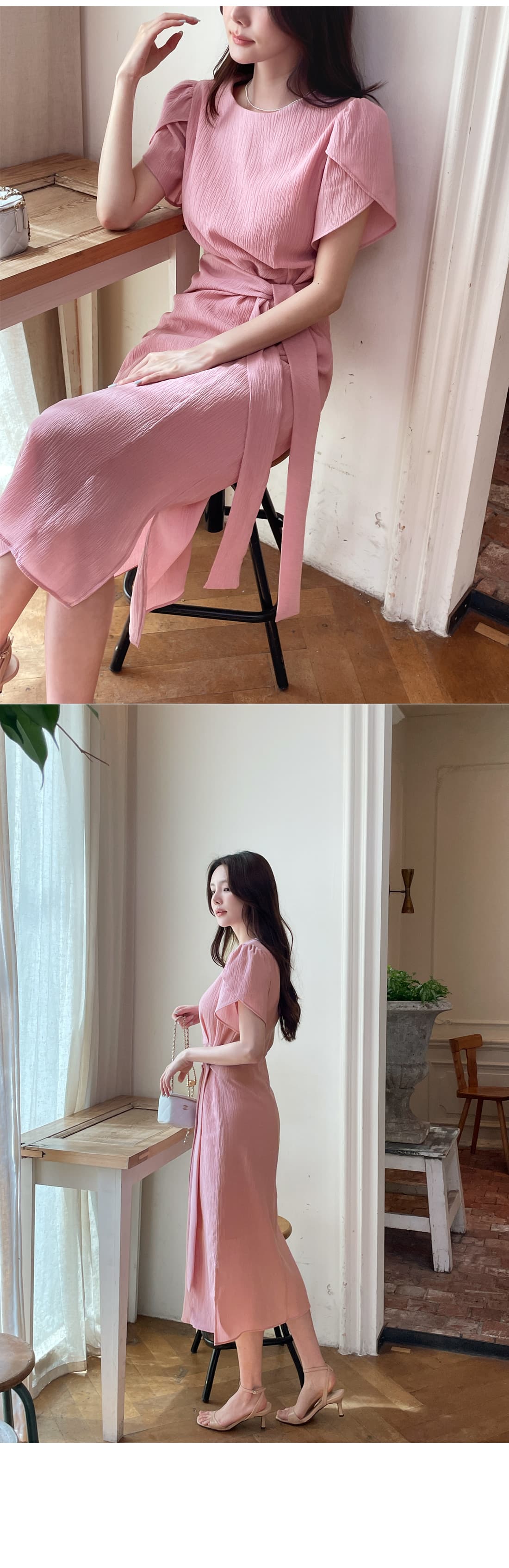 질감 센스 라운드 넥 연꽃 잎 소매 드레스 품격 다용도 출퇴근 레이스업 허리 수축 슬림해 보이는 롱 스커트 상세 이미지 29