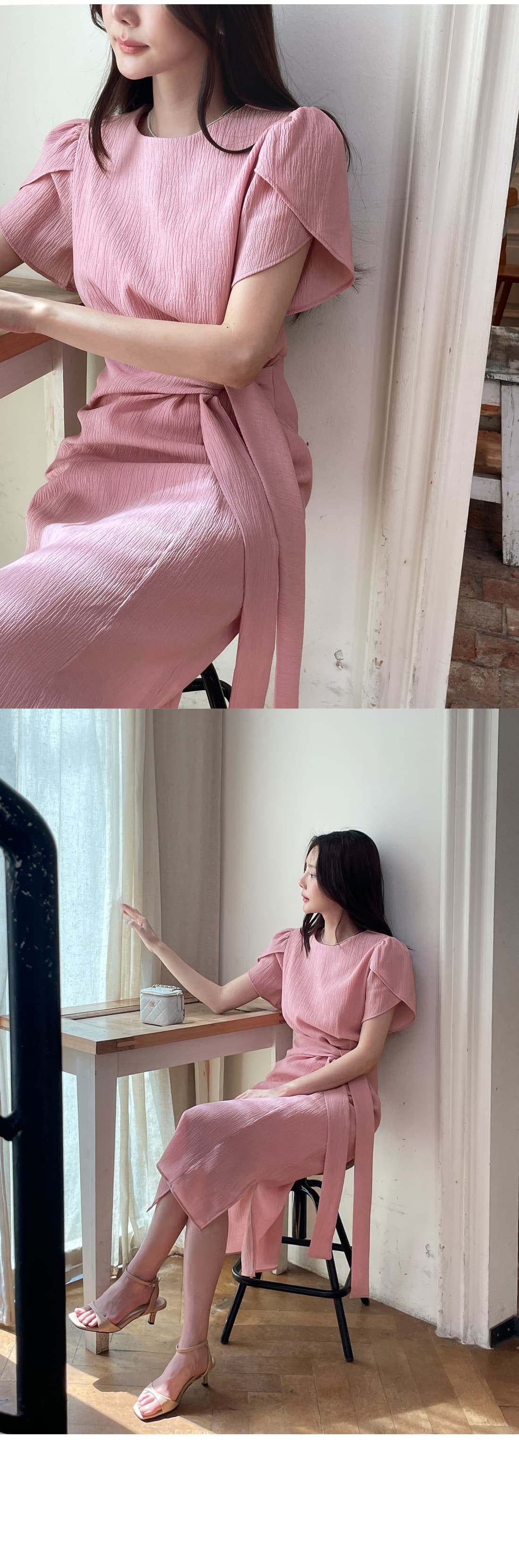 질감 센스 라운드 넥 연꽃 잎 소매 드레스 품격 다용도 출퇴근 레이스업 허리 수축 슬림해 보이는 롱 스커트 상세 이미지 31