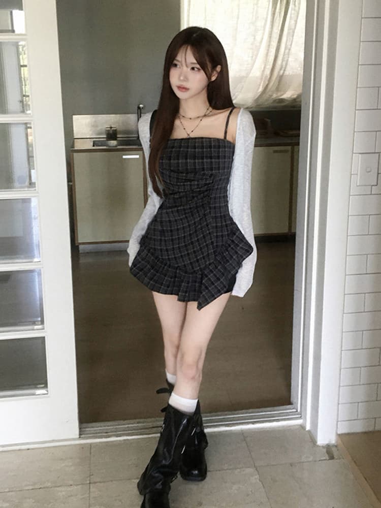 작은 키 달콤한 차가운 레트로 센스 민소매 체크무늬 패치워크 캐미솔 여름 새로운 불규칙 패치워크 맨위 이미지 3
