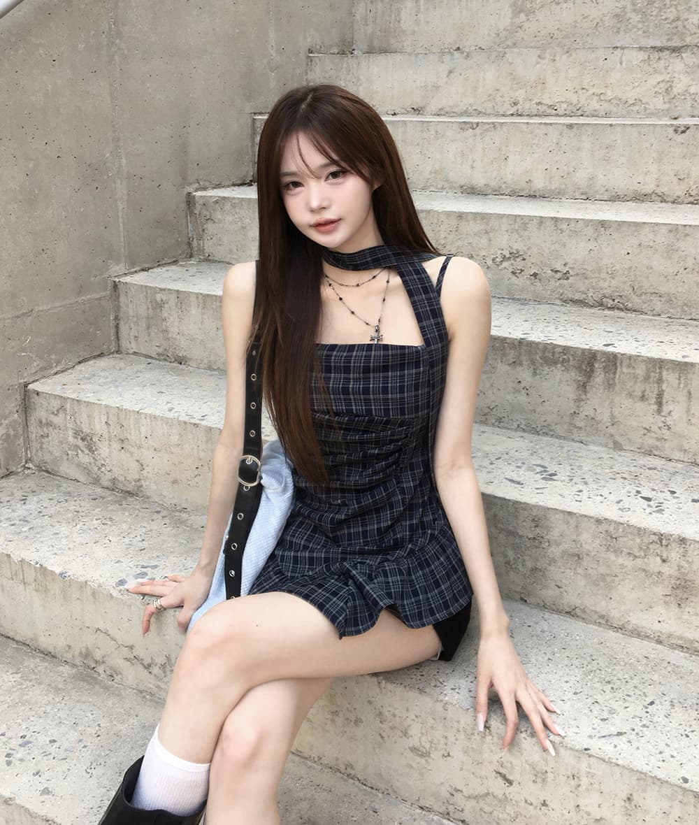 작은 키 달콤한 차가운 레트로 센스 민소매 체크무늬 패치워크 캐미솔 여름 새로운 불규칙 패치워크 맨위 상세 이미지 1