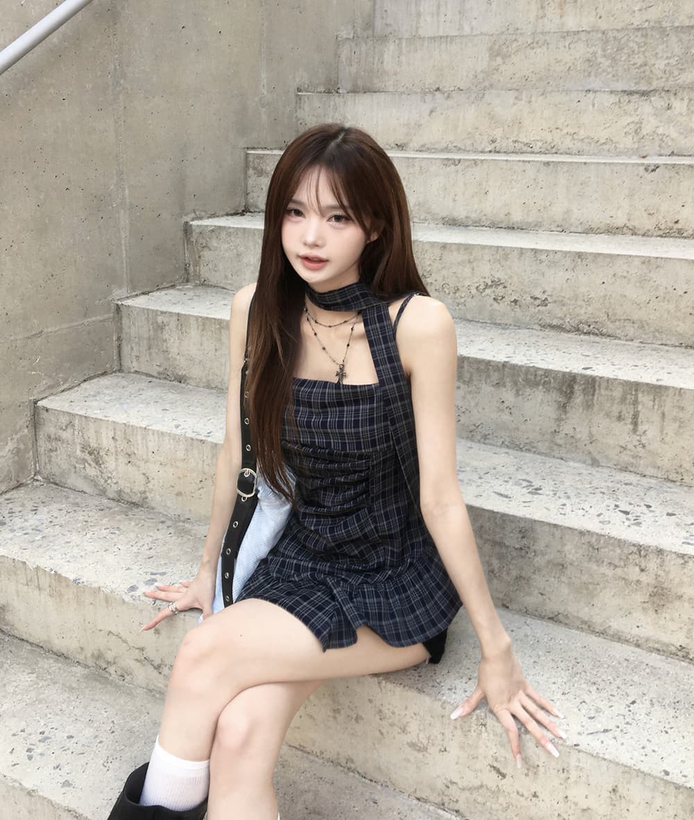 작은 키 달콤한 차가운 레트로 센스 민소매 체크무늬 패치워크 캐미솔 여름 새로운 불규칙 패치워크 맨위 상세 이미지 2