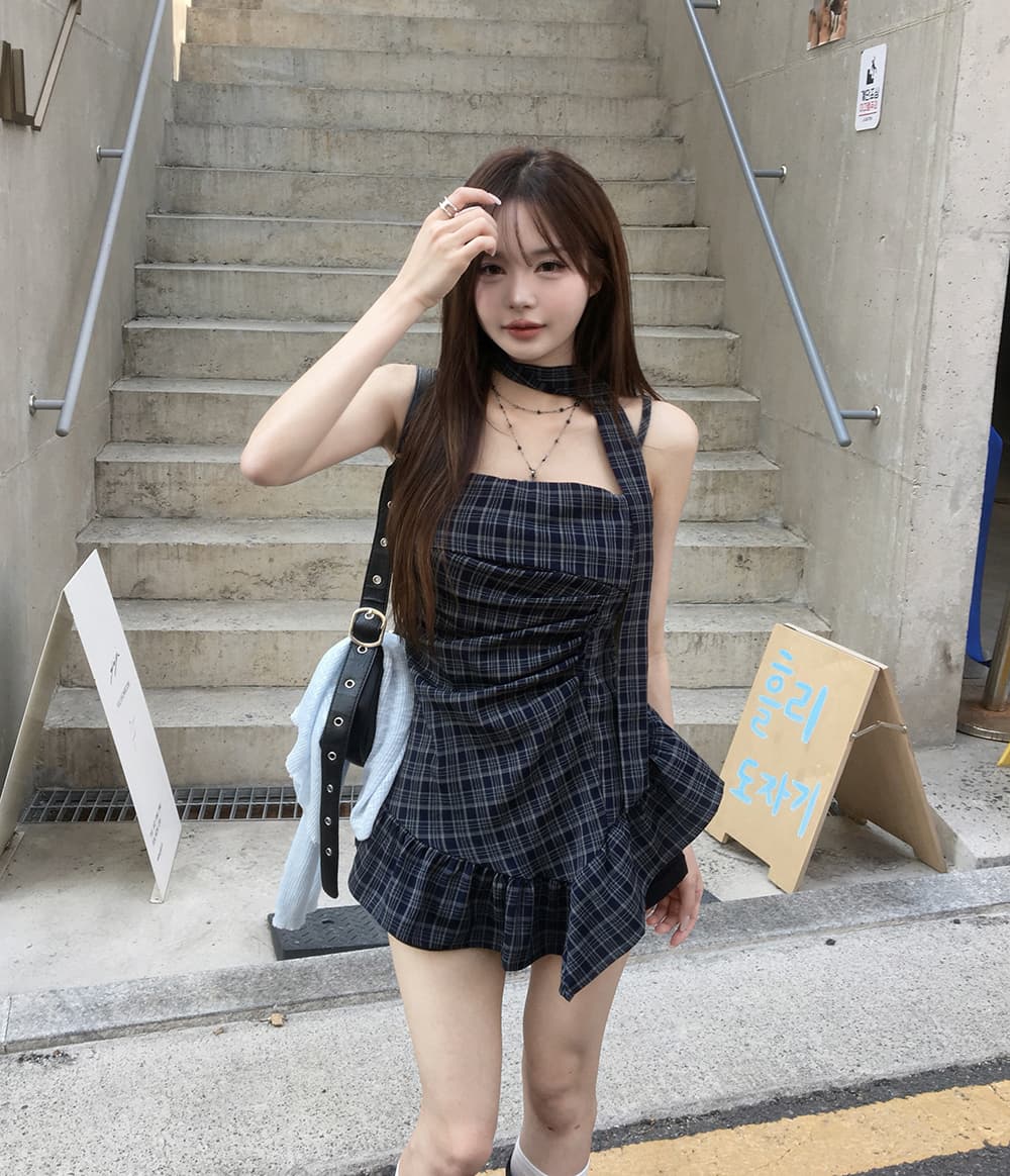 작은 키 달콤한 차가운 레트로 센스 민소매 체크무늬 패치워크 캐미솔 여름 새로운 불규칙 패치워크 맨위 상세 이미지 8