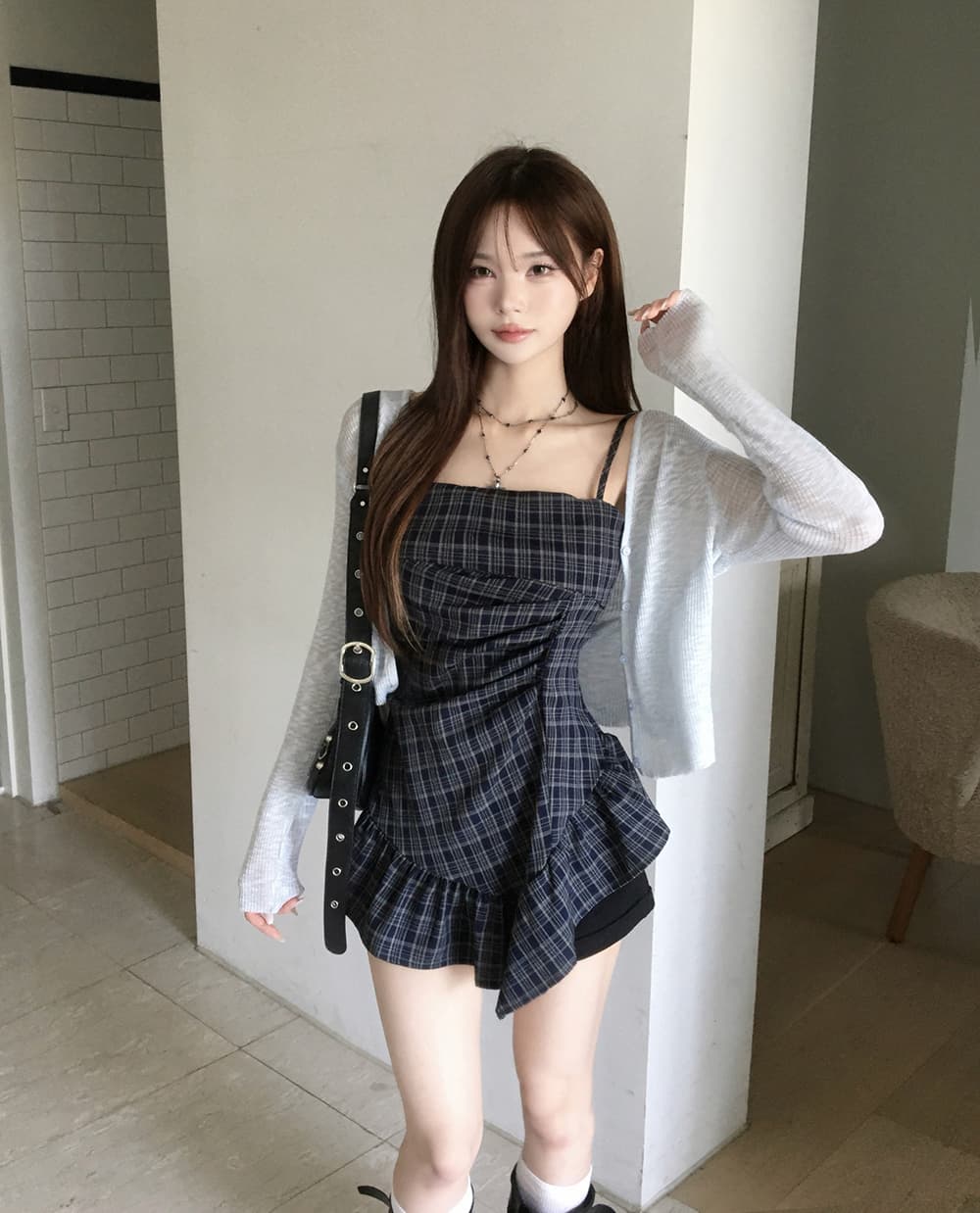 작은 키 달콤한 차가운 레트로 센스 민소매 체크무늬 패치워크 캐미솔 여름 새로운 불규칙 패치워크 맨위 상세 이미지 9