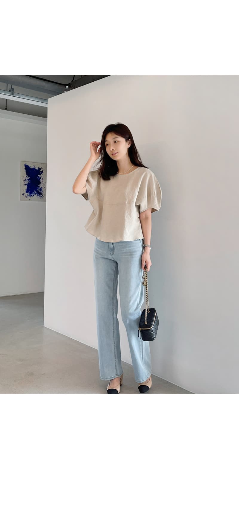 면 린넨 작은 대중 거품 소매 베이지 색 반팔 셔츠 맨위 여성 상세 이미지 1