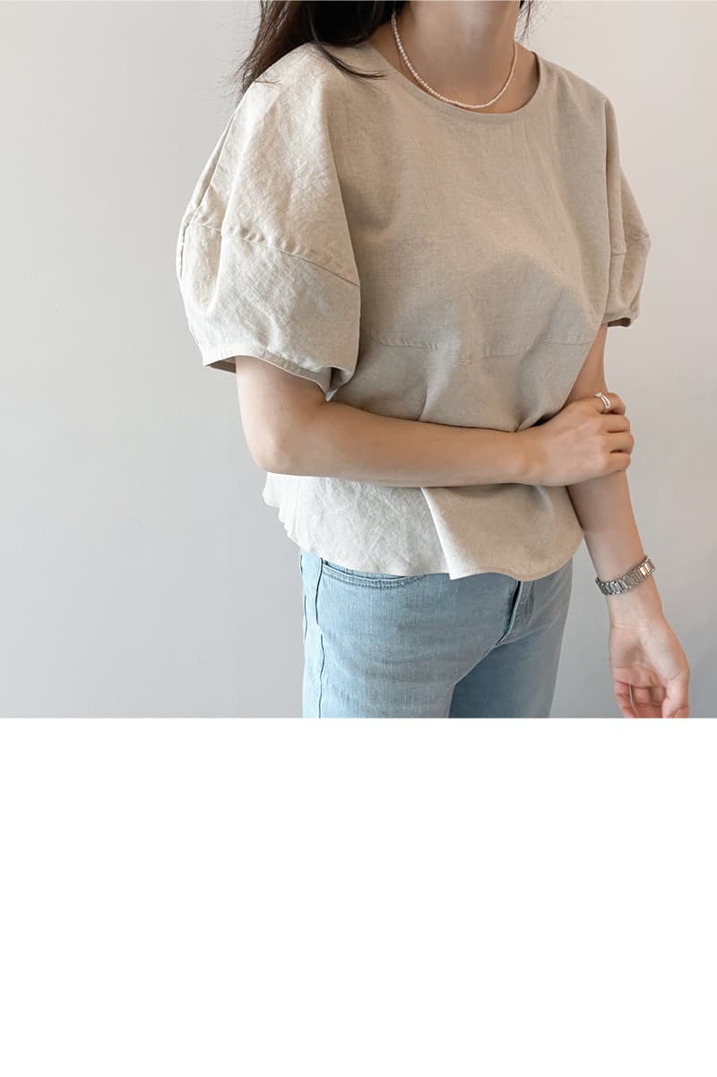 면 린넨 작은 대중 거품 소매 베이지 색 반팔 셔츠 맨위 여성 상세 이미지 3