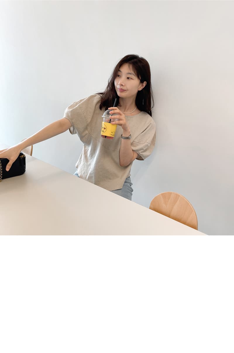 면 린넨 작은 대중 거품 소매 베이지 색 반팔 셔츠 맨위 여성 상세 이미지 8