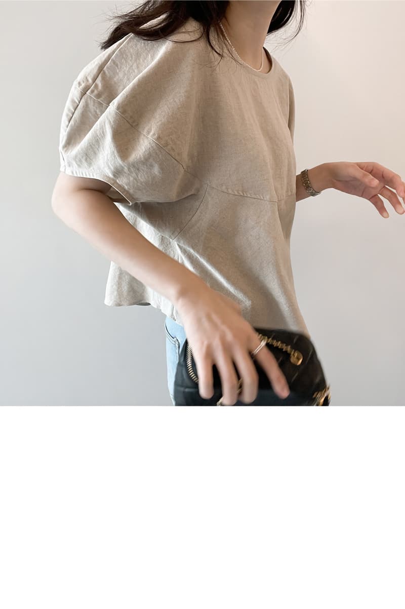 면 린넨 작은 대중 거품 소매 베이지 색 반팔 셔츠 맨위 여성 상세 이미지 9