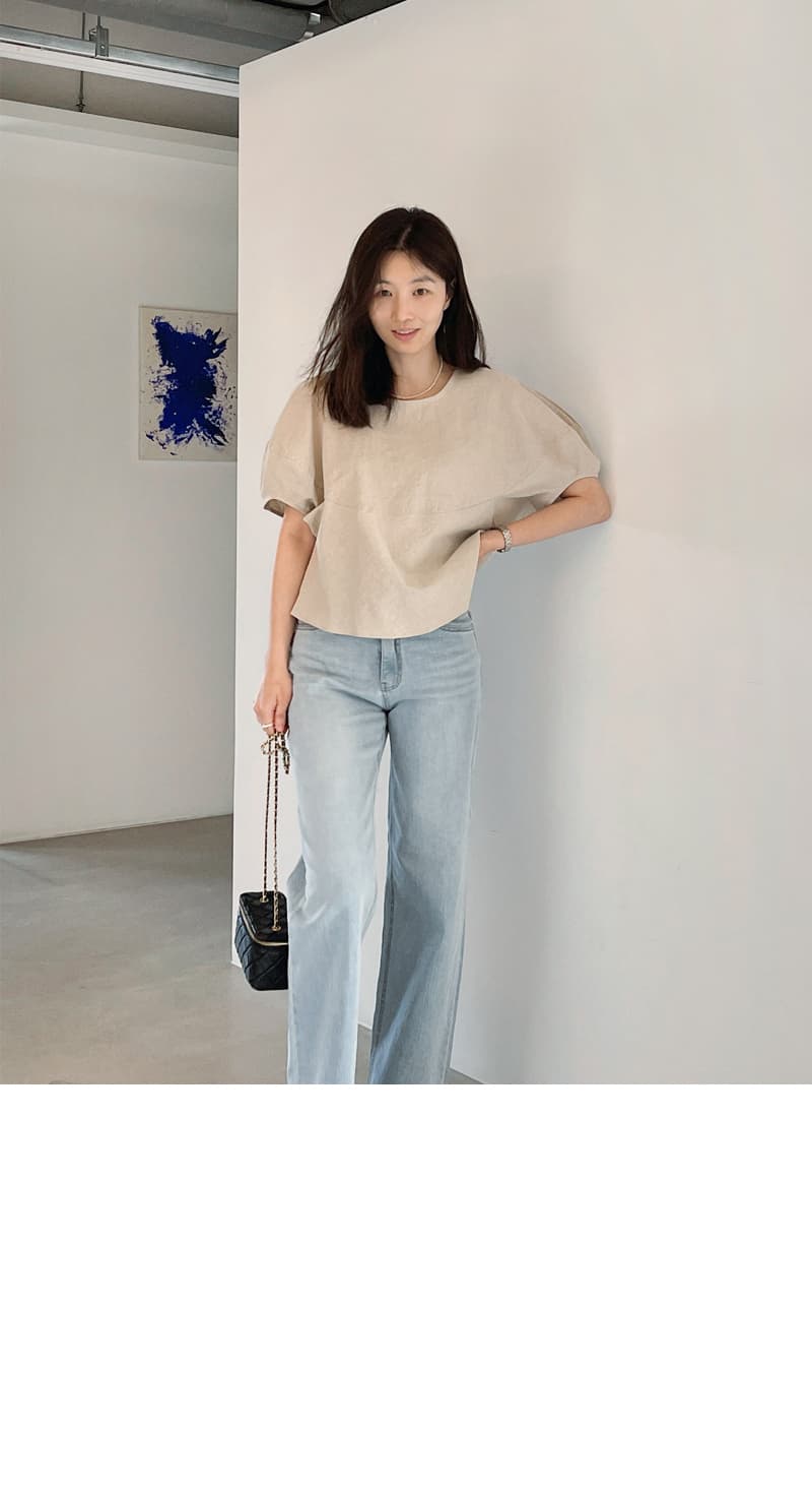 면 린넨 작은 대중 거품 소매 베이지 색 반팔 셔츠 맨위 여성 상세 이미지 10