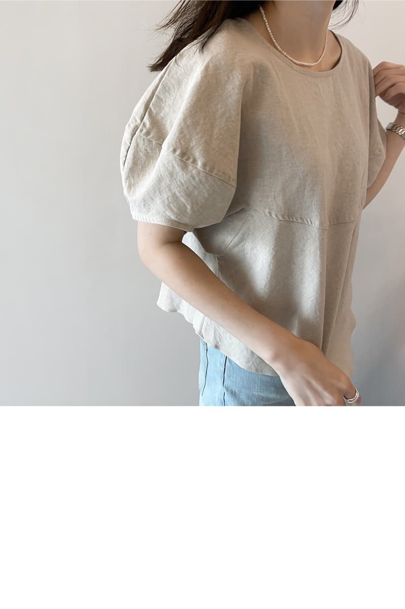 면 린넨 작은 대중 거품 소매 베이지 색 반팔 셔츠 맨위 여성 상세 이미지 12