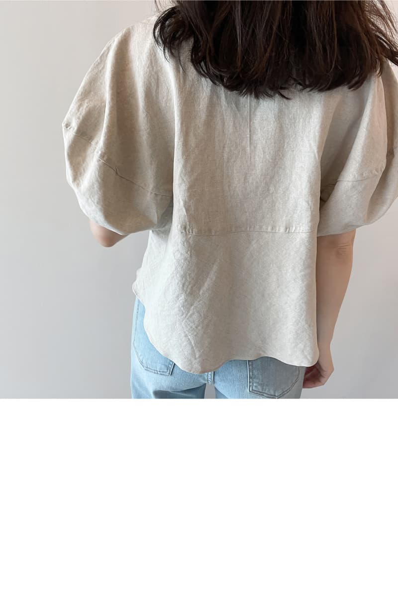 면 린넨 작은 대중 거품 소매 베이지 색 반팔 셔츠 맨위 여성 상세 이미지 14