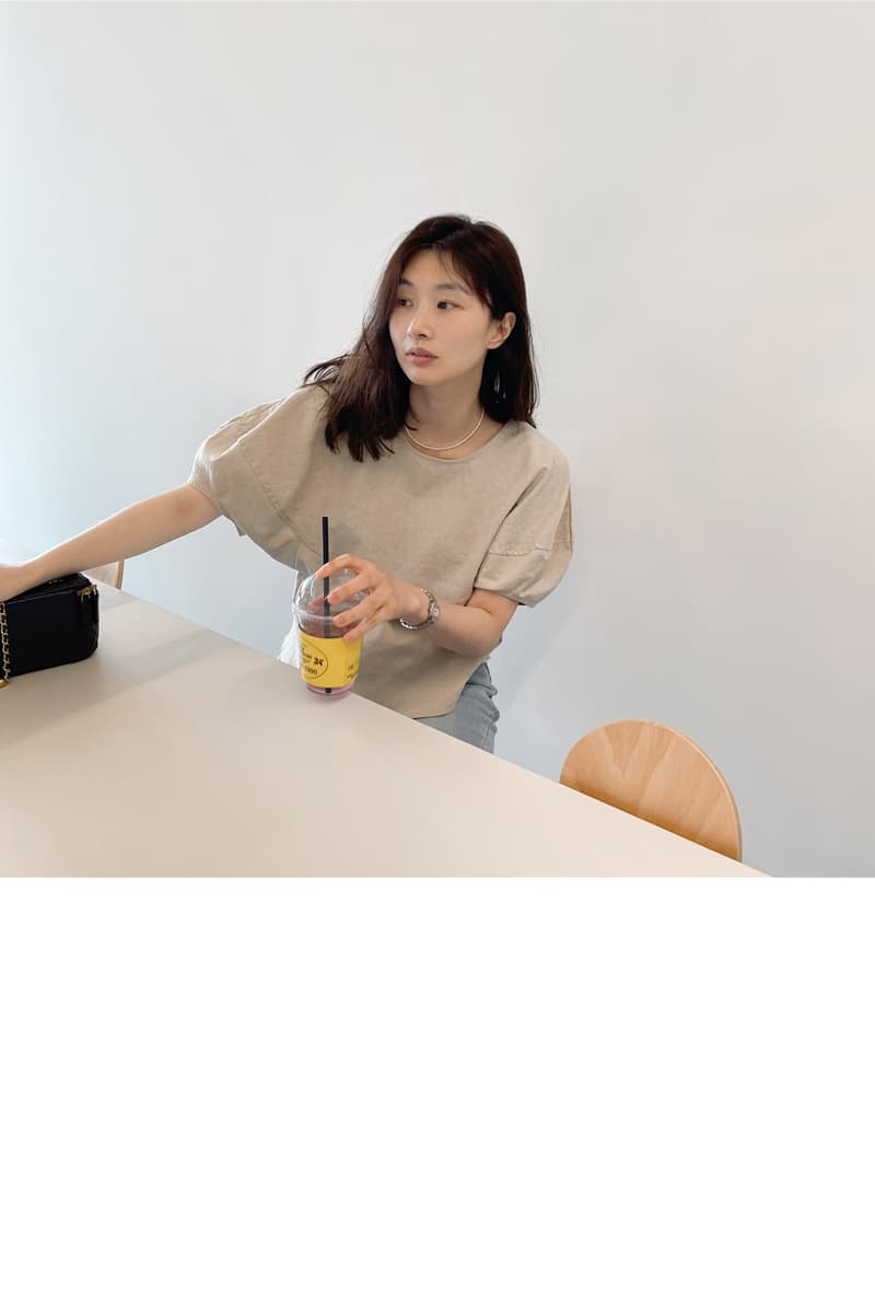 면 린넨 작은 대중 거품 소매 베이지 색 반팔 셔츠 맨위 여성 상세 이미지 17