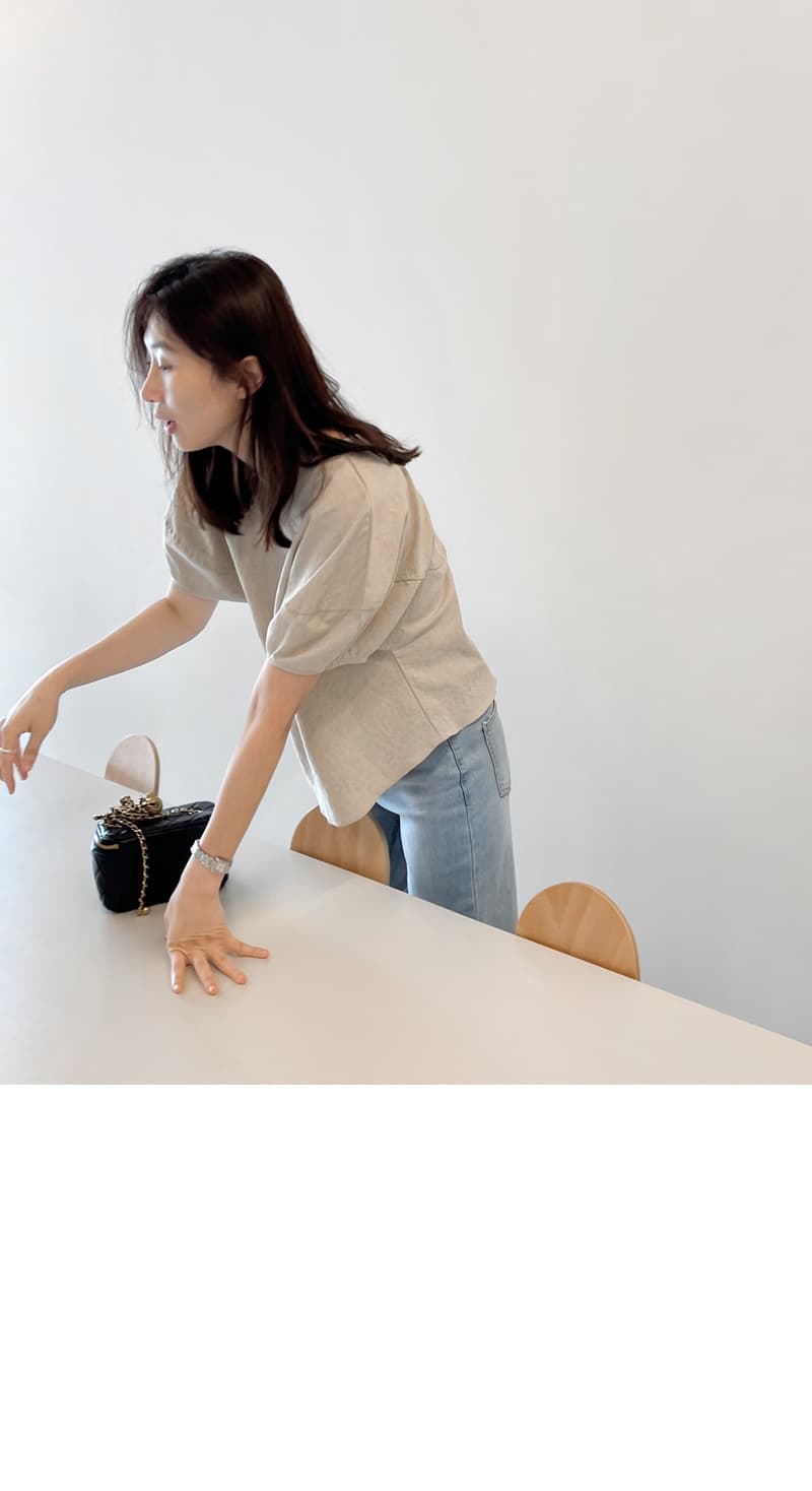 면 린넨 작은 대중 거품 소매 베이지 색 반팔 셔츠 맨위 여성 상세 이미지 19