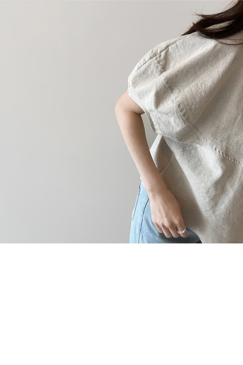 면 린넨 작은 대중 거품 소매 베이지 색 반팔 셔츠 맨위 여성 상세 이미지 23