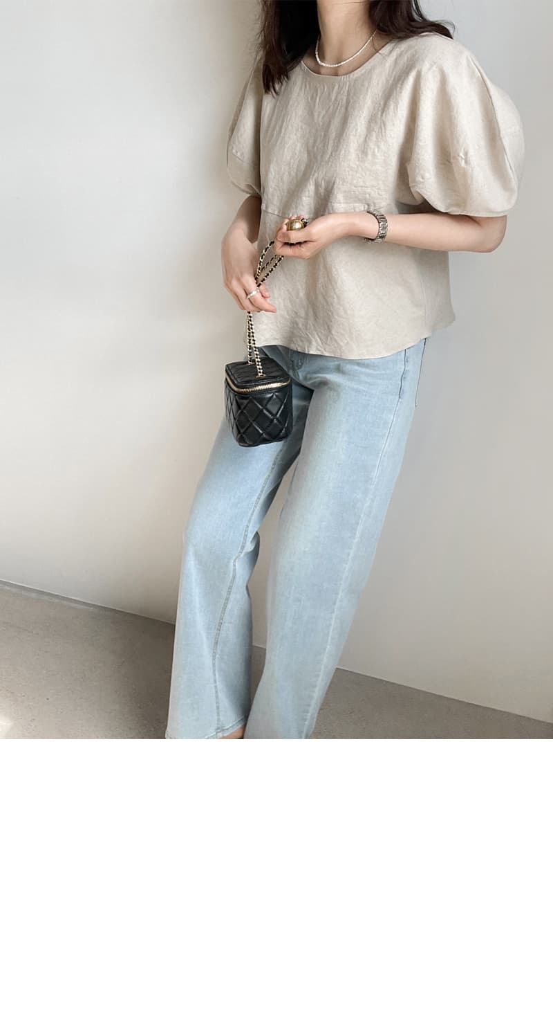 면 린넨 작은 대중 거품 소매 베이지 색 반팔 셔츠 맨위 여성 상세 이미지 24