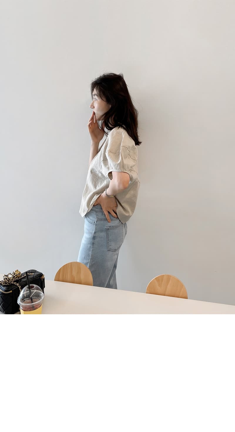 면 린넨 작은 대중 거품 소매 베이지 색 반팔 셔츠 맨위 여성 상세 이미지 25