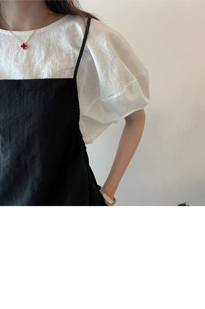 면 린넨 작은 대중 거품 소매 베이지 색 반팔 셔츠 맨위 여성 상세 이미지 52
