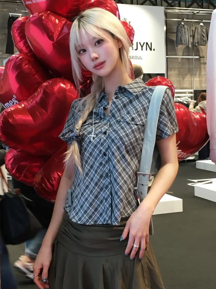있음 선적 쉬 허용하다 사실 같은 단락 레트로 스트라이프 체크무늬 데님 반팔 티셔츠 셔츠