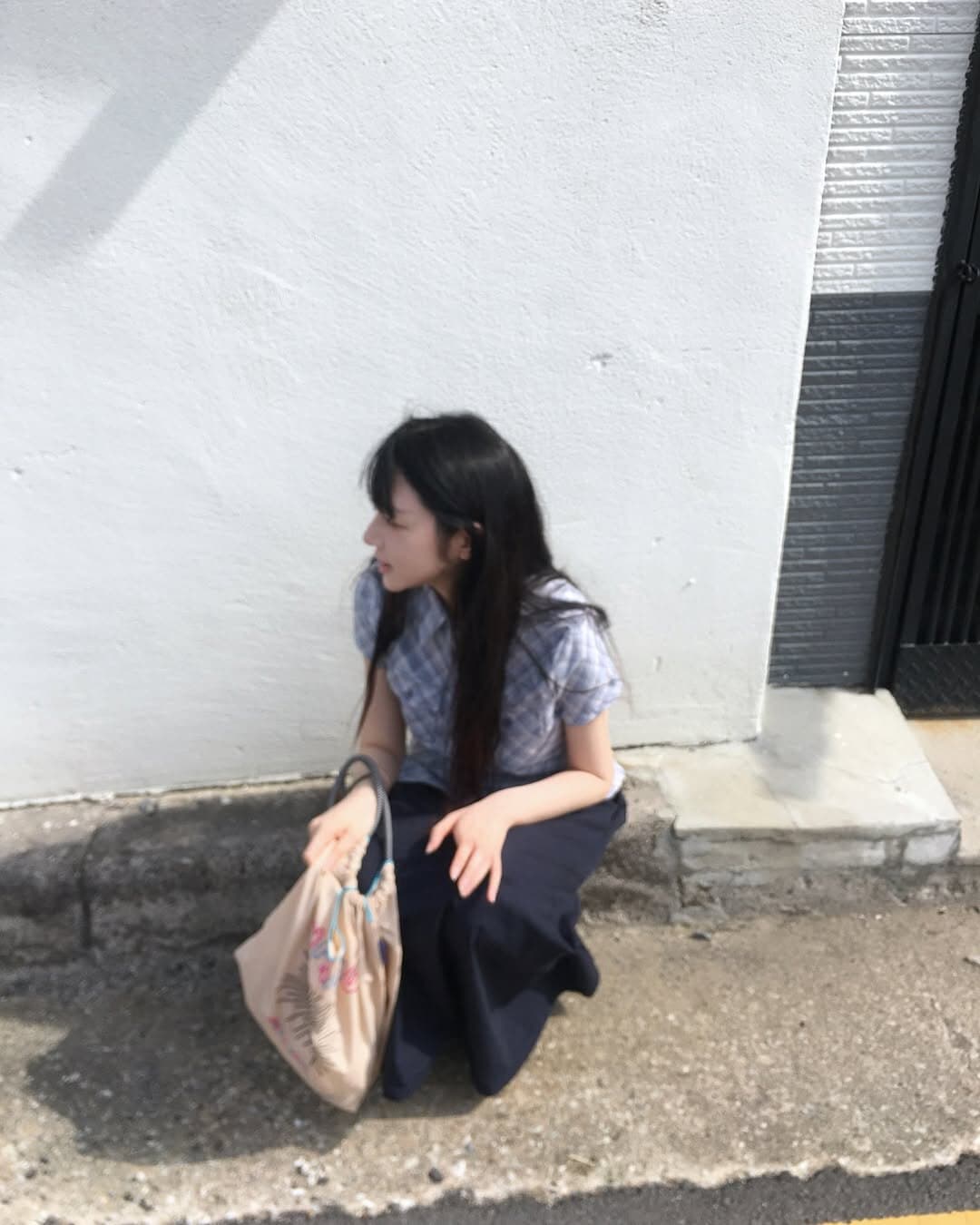 있음 선적 쉬 허용하다 사실 같은 단락 레트로 스트라이프 체크무늬 데님 반팔 티셔츠 셔츠 상세 이미지 3