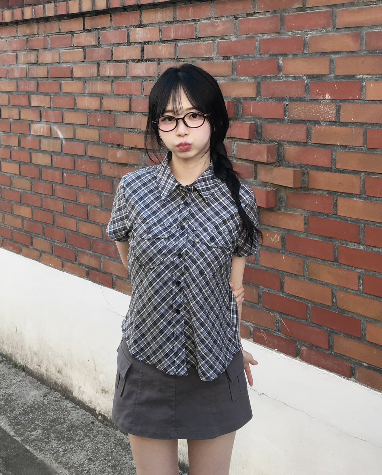 있음 선적 쉬 허용하다 사실 같은 단락 레트로 스트라이프 체크무늬 데님 반팔 티셔츠 셔츠 상세 이미지 6
