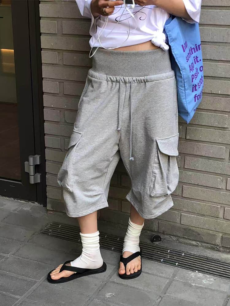 재고 있음 와이드 허리 펌프 로프 주머니 워크웨어 반바지 이미지 3