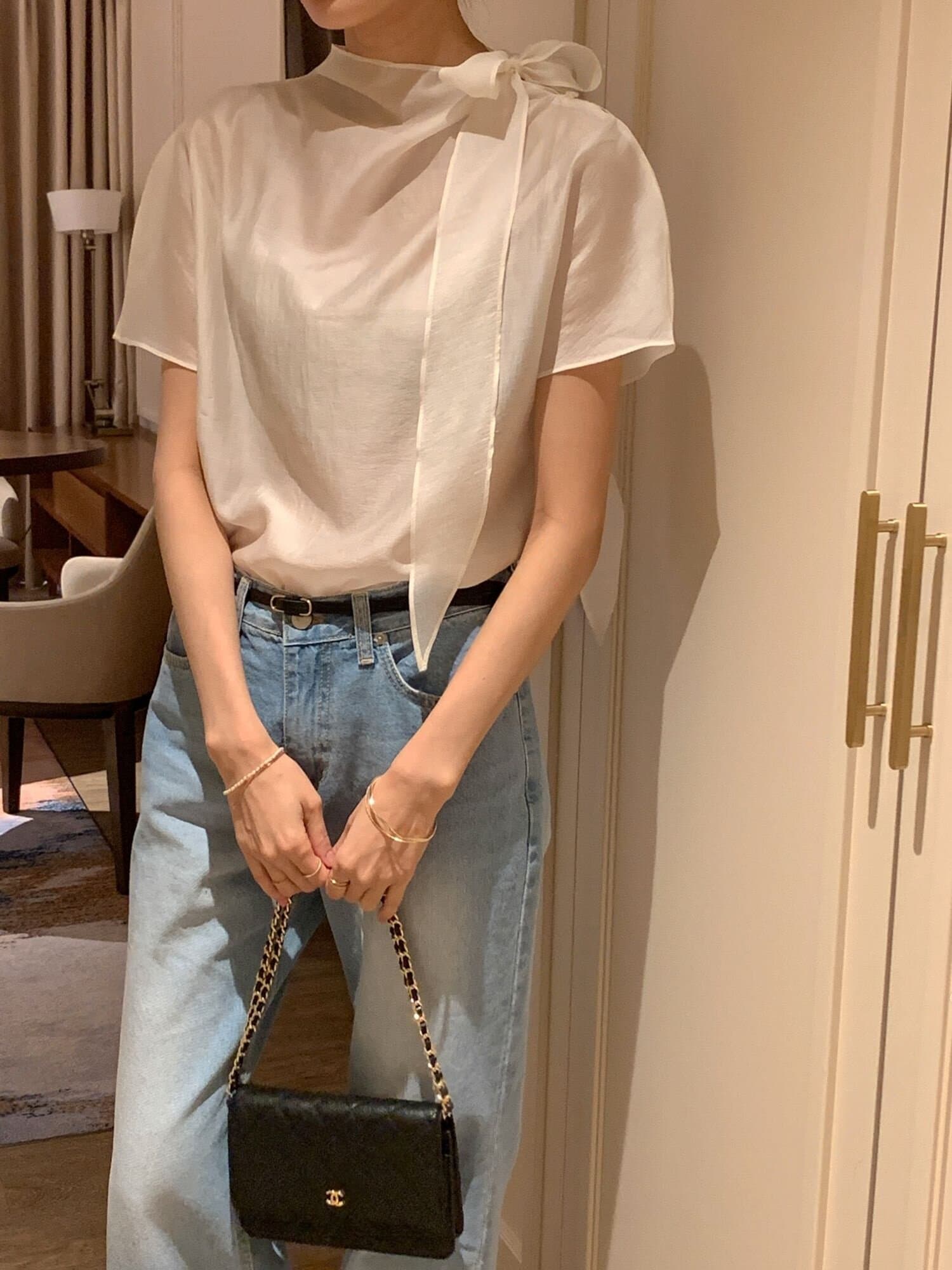 있음 선적 여름 한 부서 부드러운 품격 칼라 나비 넥타이 반팔 셔츠 상세 이미지 5