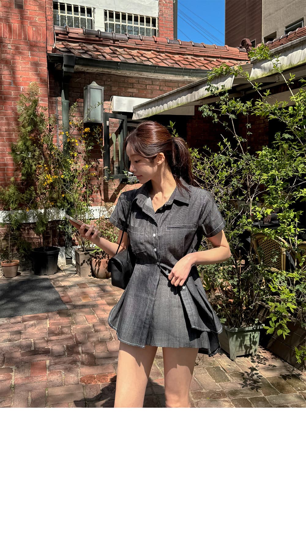 있음 선적 폴로 칼라 반팔 허리 수축 셔츠 스타일 드레스 플리츠 미니 스커트 투피스 세트 상세 이미지 3