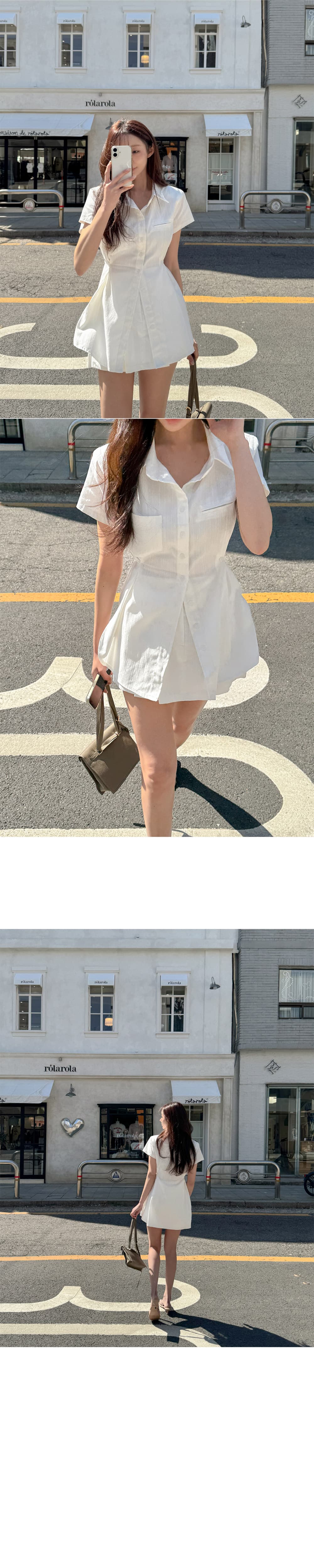 있음 선적 폴로 칼라 반팔 허리 수축 셔츠 스타일 드레스 플리츠 미니 스커트 투피스 세트 상세 이미지 10