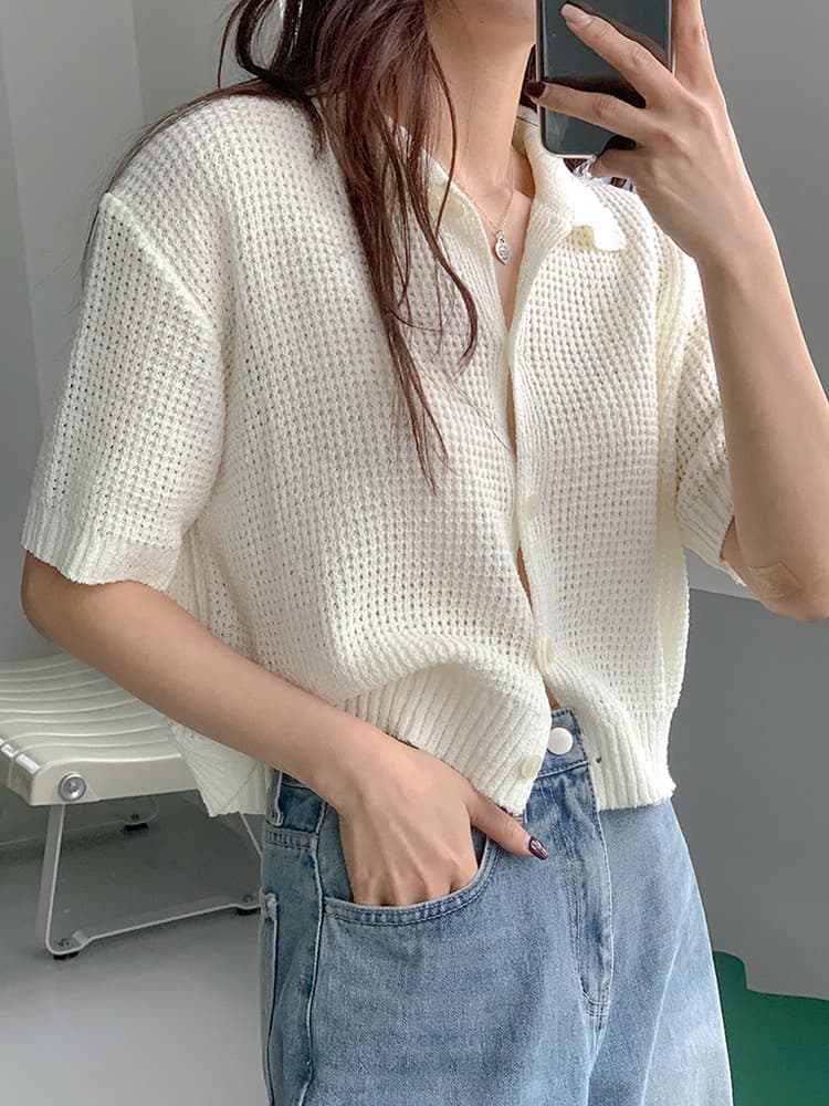 있음 선적 오픈 가디건 니트 반팔 티셔츠 여성 여름 얇은 스타일 홀로우 아웃 폴로 칼라 얼음 실크 쇼트 스타일 프랑스식 맨위 이미지 2