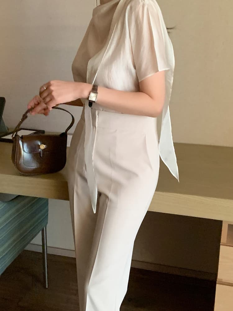 있음 선적 여름 한 부서 부드러운 품격 칼라 나비 넥타이 반팔 셔츠 이미지 2