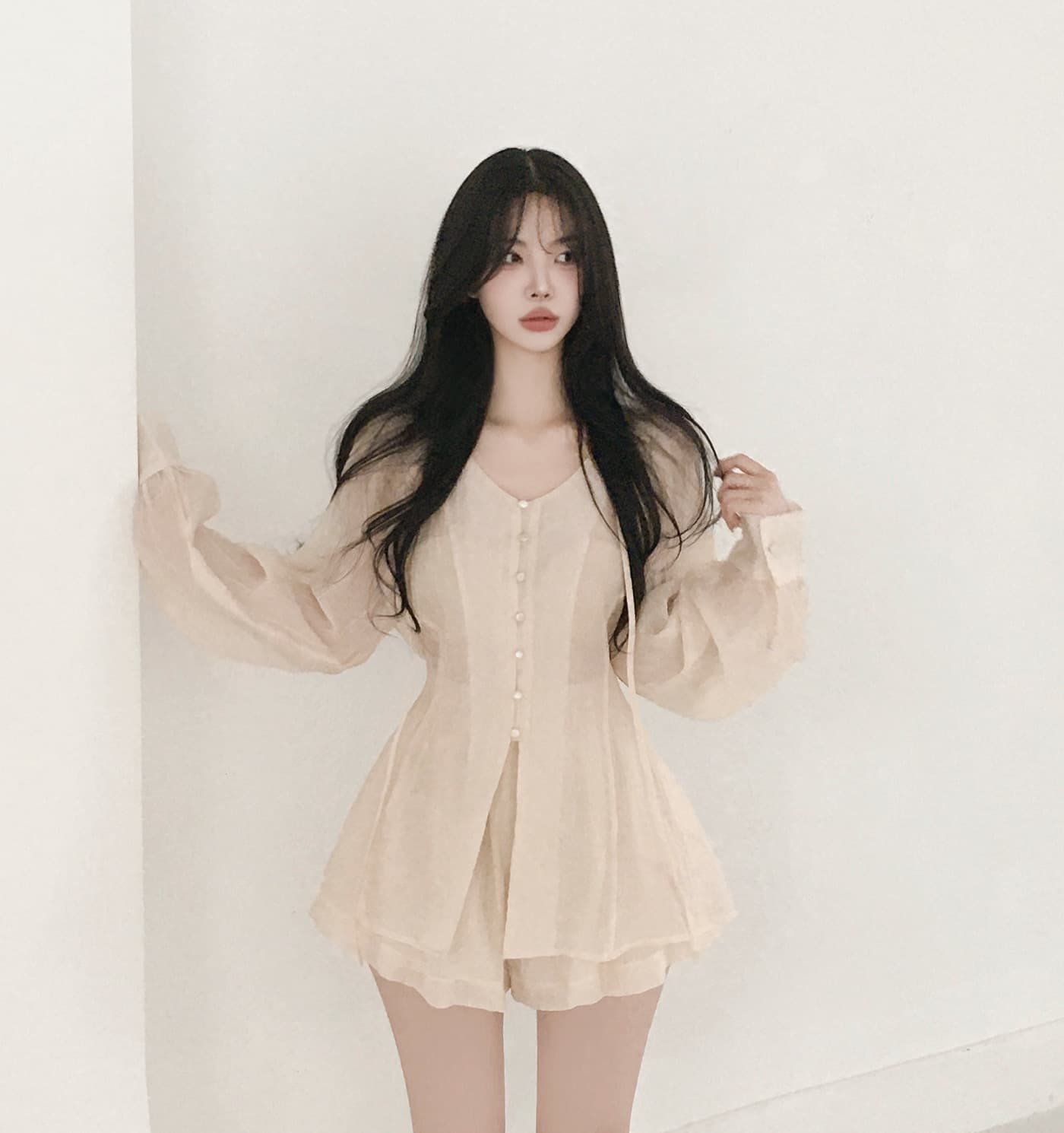 있음 선적 순수한 욕망 바람 고급 센스 작은 키 셔츠 맨위 반신 반바지 두 조각 세트 드레스 상세 이미지 13