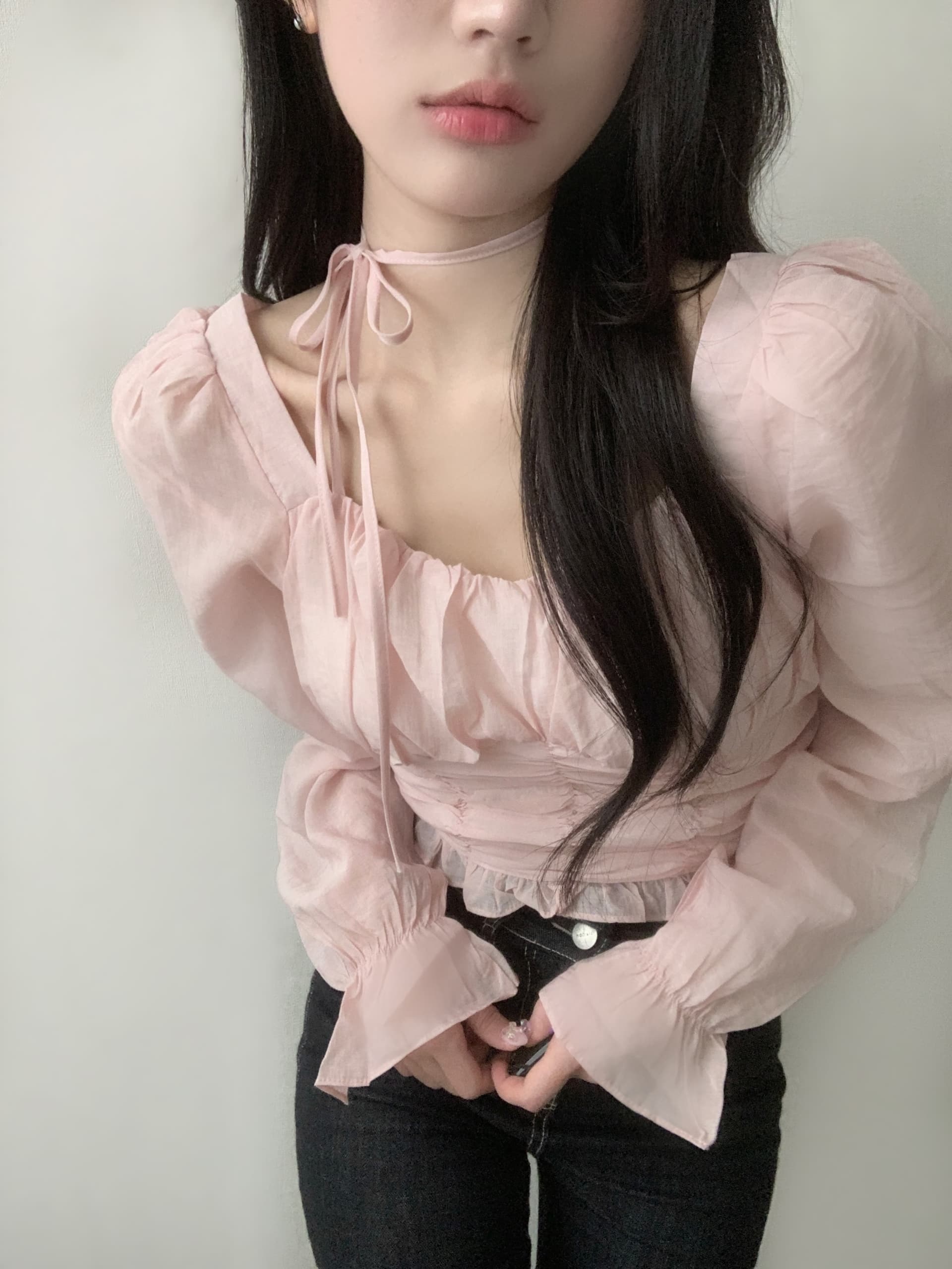 있음 선적 고대 조기 한 부서 부드러운 품격 주름 쉬폰 셔츠 상세 이미지 4